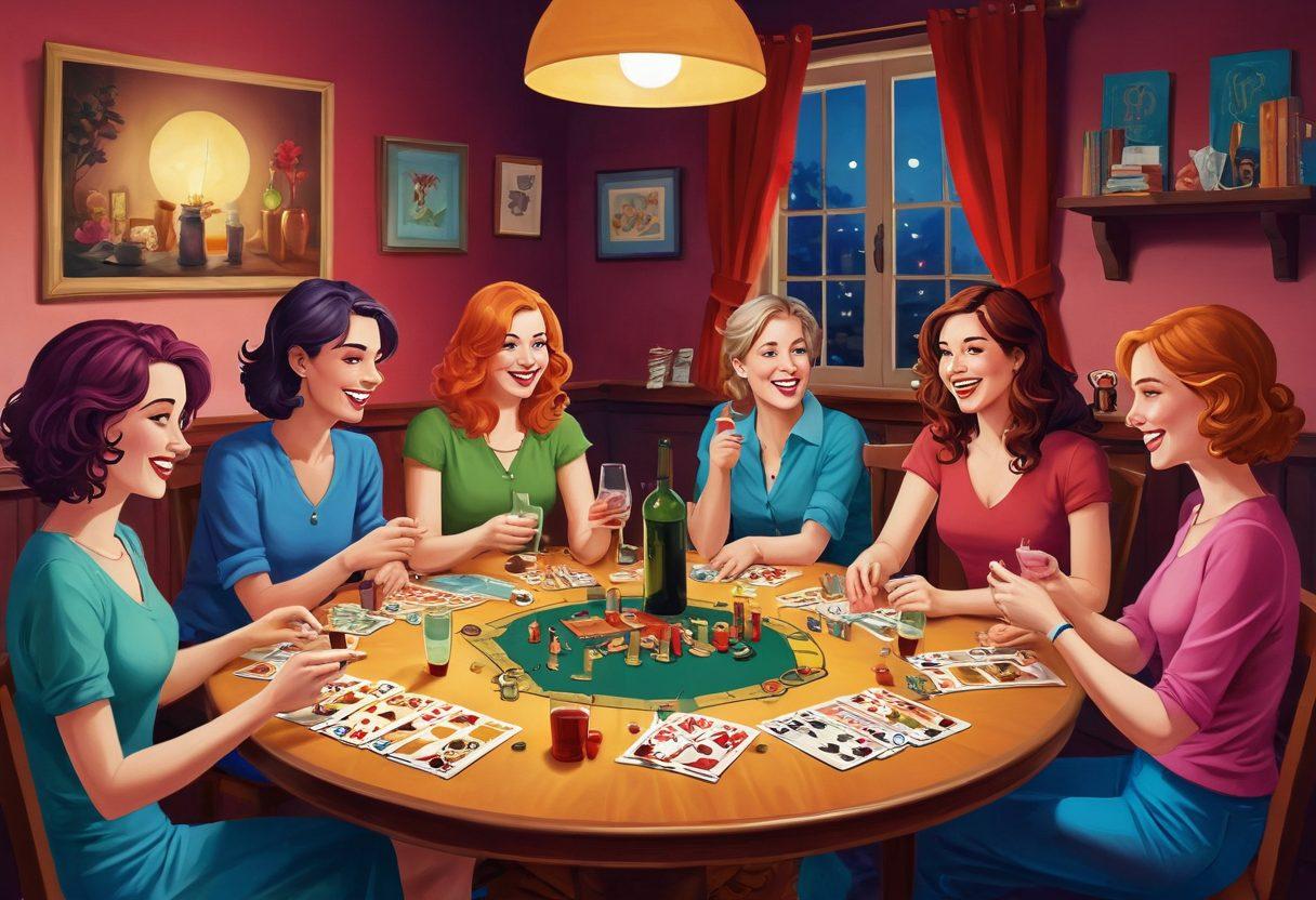 A whimsical and playful illustration depicting a variety of board and card games with a hint of adult themes, featuring colorful game pieces and suggestive symbols. In the background, a cozy setting with dim lighting, wine glasses, and laughter among friends is evident, creating an inviting atmosphere. Incorporate elements of seduction and fun, using vibrant colors to evoke excitement. playful illustration. vibrant colors. cozy atmosphere.