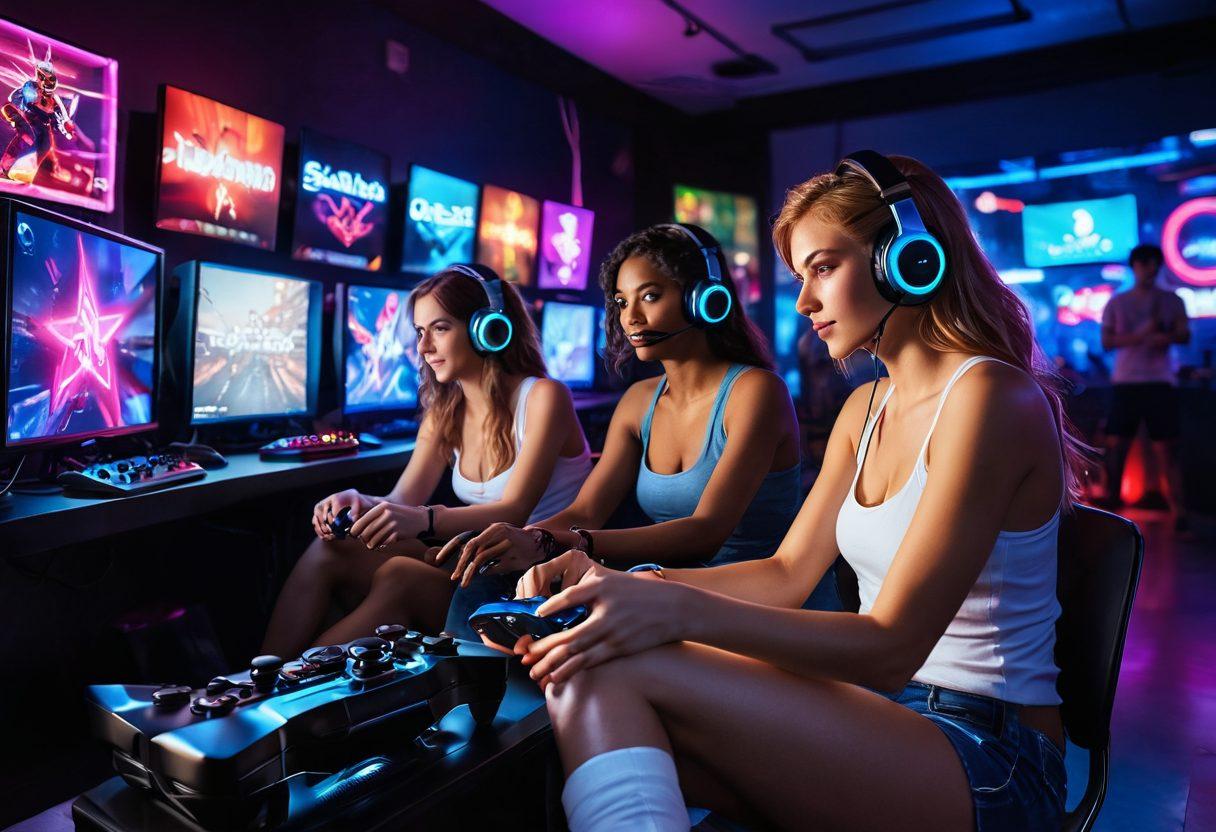 A dynamic and enticing scene featuring a diverse group of gamers passionately engaged in playing various sensual and explicit video games, surrounded by vibrant neon lights and game-inspired decor. The image should capture their emotions—joy, excitement, and focus—with elements that highlight the intersection of gaming and sensuality. Include colorful game controllers and screens displaying tantalizing visuals, giving an immersive feel to the gaming experience. neon-lit, super-realistic, vibrant colors.