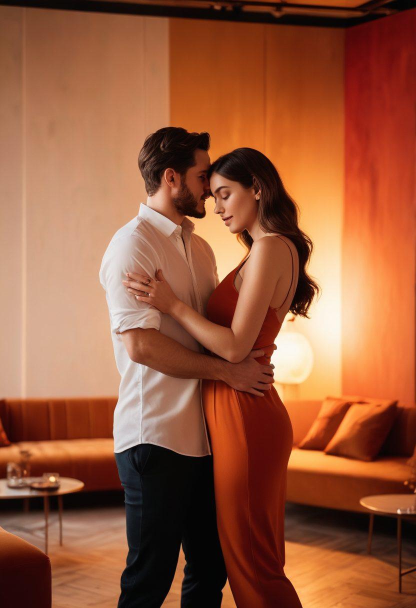 A couple engaged in an intimate and interactive experience, surrounded by soft, seductive lighting and vibrant colors. The scene highlights playful gestures and close body language, evoking a sense of closeness and allure. Incorporate elements that symbolize connection, such as intertwined hands or gentle gazes, set against a backdrop that hints at a luxurious and romantic atmosphere. super-realistic. warm tones. soft focus.